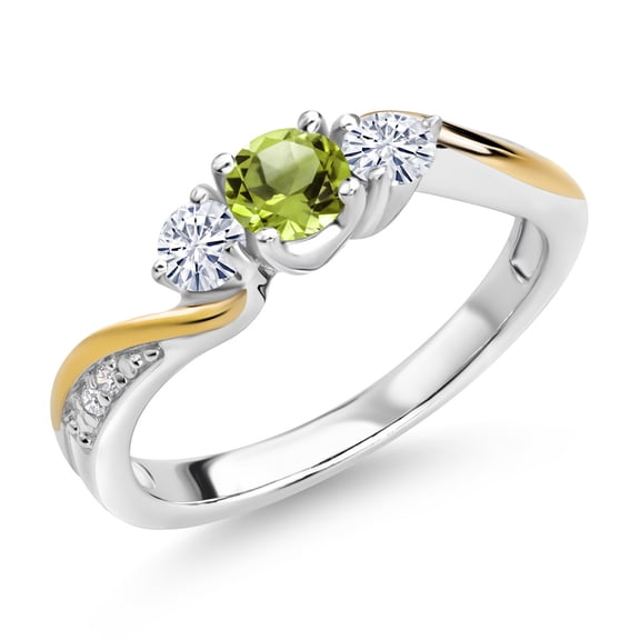 Gem Stone King 925 Silver and 10K Yellow Gold Green Peridot White Moissanite and White Lab Grown Diamond 3 Stone Engagement Ring for Women (0.53 Cttw, August Birthstone, Size 8)