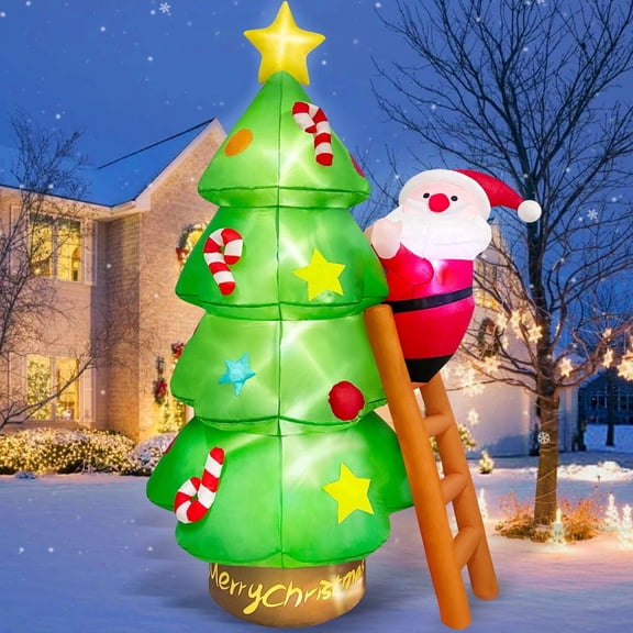 7FT Tall Christmas Inflatables Santa Claus Tree Outdoor Decorations, Build-in LEDs Xmas Blow Ups Yard Decor for Winter Holiday Lawn Patio Indoor Party