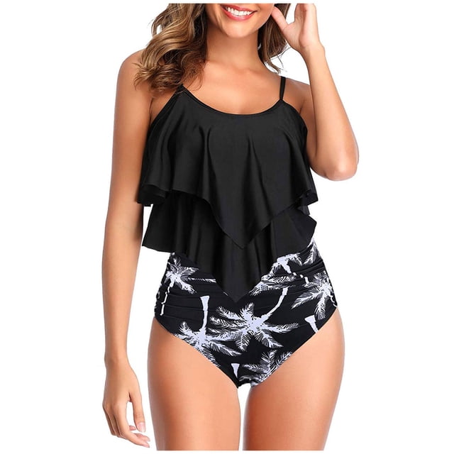 Traje de baño de talle alto para mujer Top de volantes con volantes de dos piezas con parte inferior fruncida Fridja nalpqowj22667