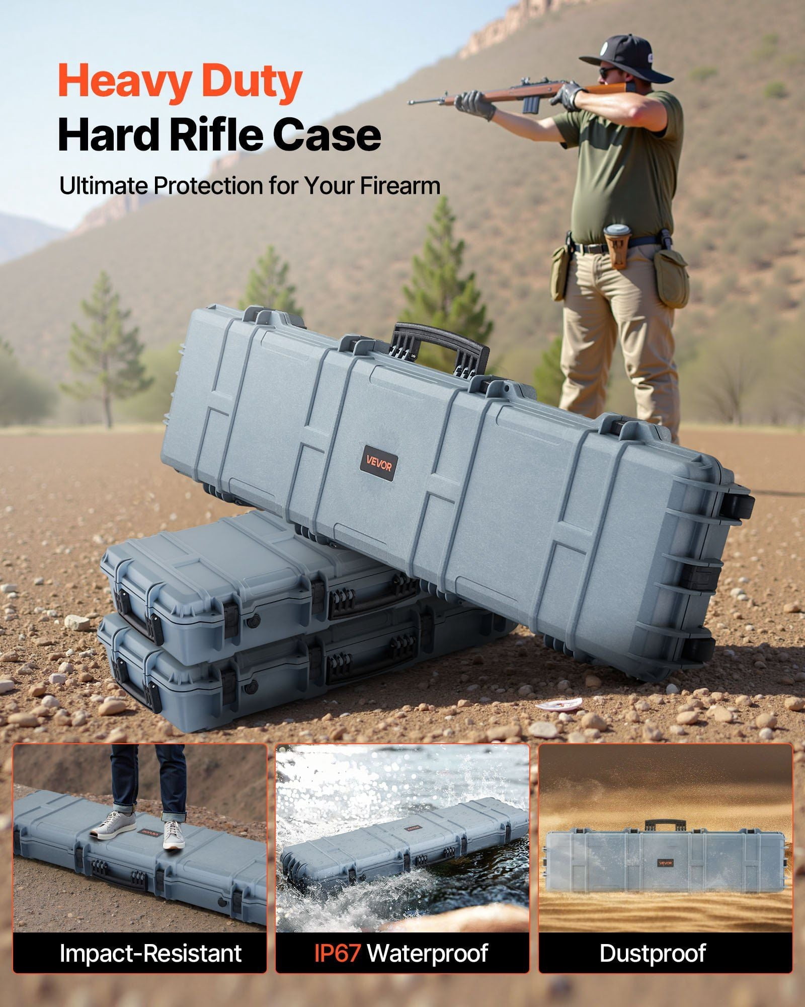 Hard Rifle Case, Lockable Rifle Case with Pre-cut Foams, 50 in Movable Gun Storage with Wheels, IP67 Waterproof & Dustproof Pistol Storage for Rifle, Shotgun, Airsoft Gun, Grey