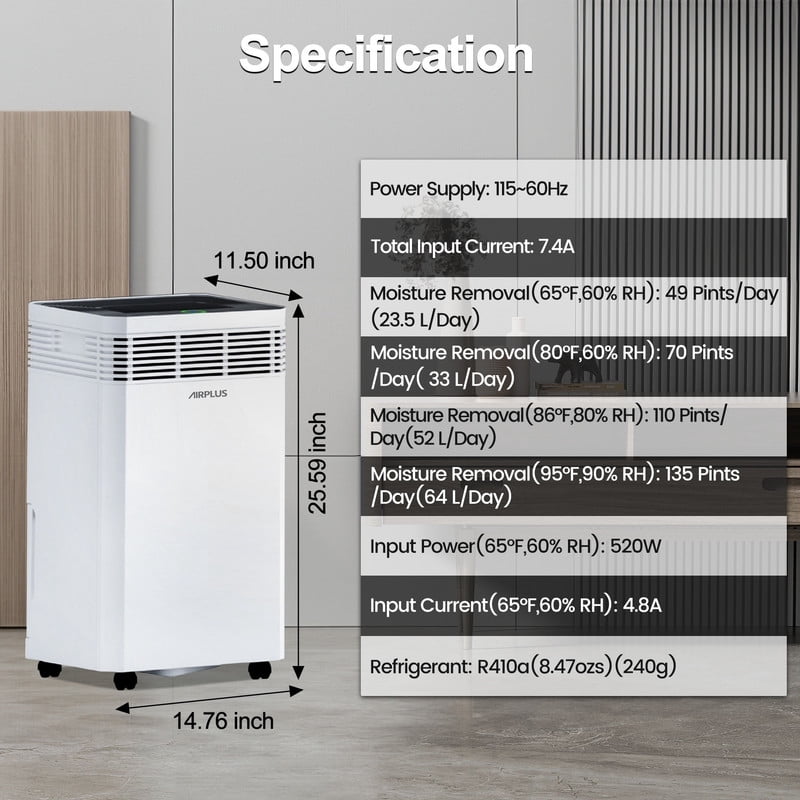 125 pt. 6000 sq.ft. Commercial Dehumidifier with Built-in Pump, Auto Defrost in White