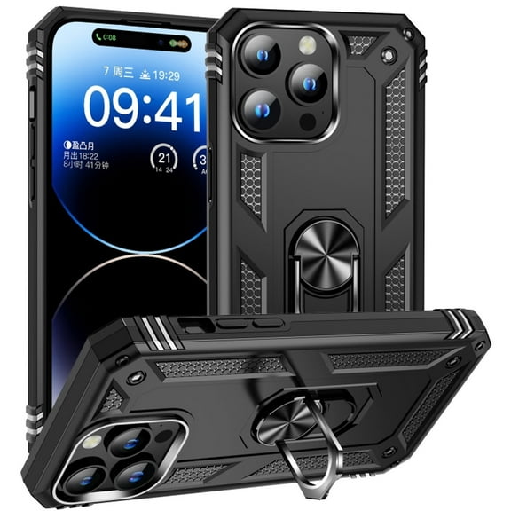 Military Grade Hybrid Case with Ring Grip for iPhone 15 Pro Max - Black