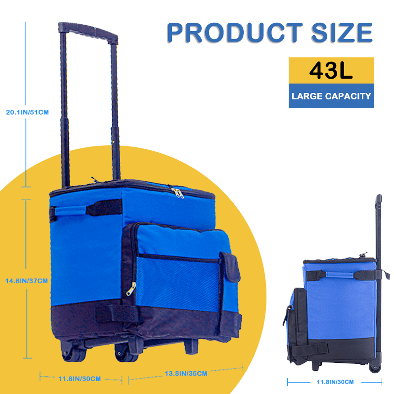 Rolling Cooler, HDJ 43L Large Leakproof Soft Cooler Bag with Wheels and Handle for Beach Camping Patio Travel Outdoor, Blue