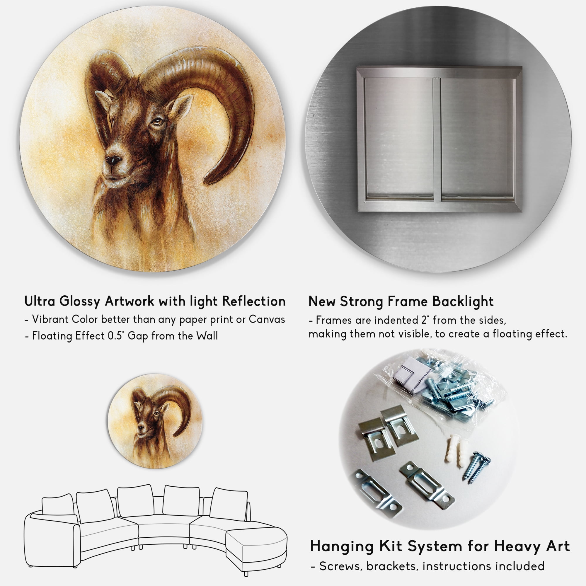 Designart 'Abstract Portrait of Wild Ram With Mighty Horns I' Modern Circle Metal Wall Art 29x29 - Disc of 29