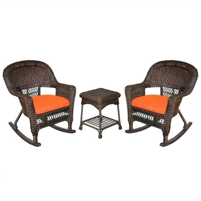 Afuera Living 3pc Wicker Rocker Chair Set in Espresso with Orange Cushion