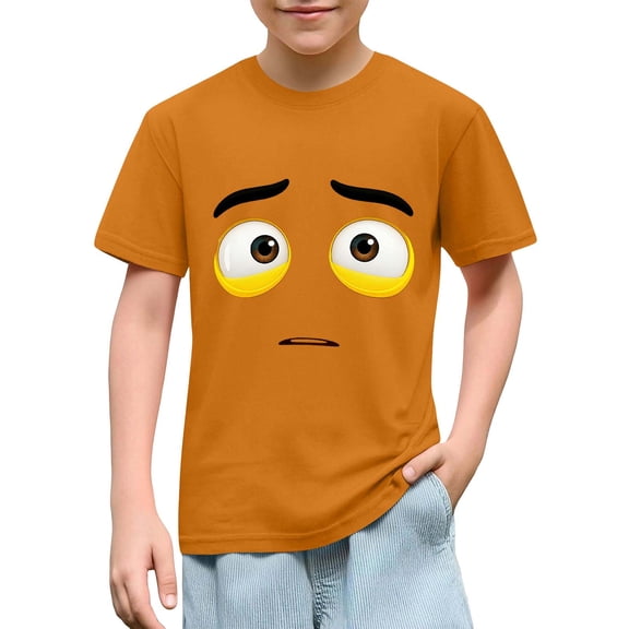 DAETIROS 100% Cotton Boys T-Shirt Funny Face Emoji Graphic Tee Crewneck Short Sleeve Orange Soft Breathable Summer Casual Little Boys Top,Size 5 T