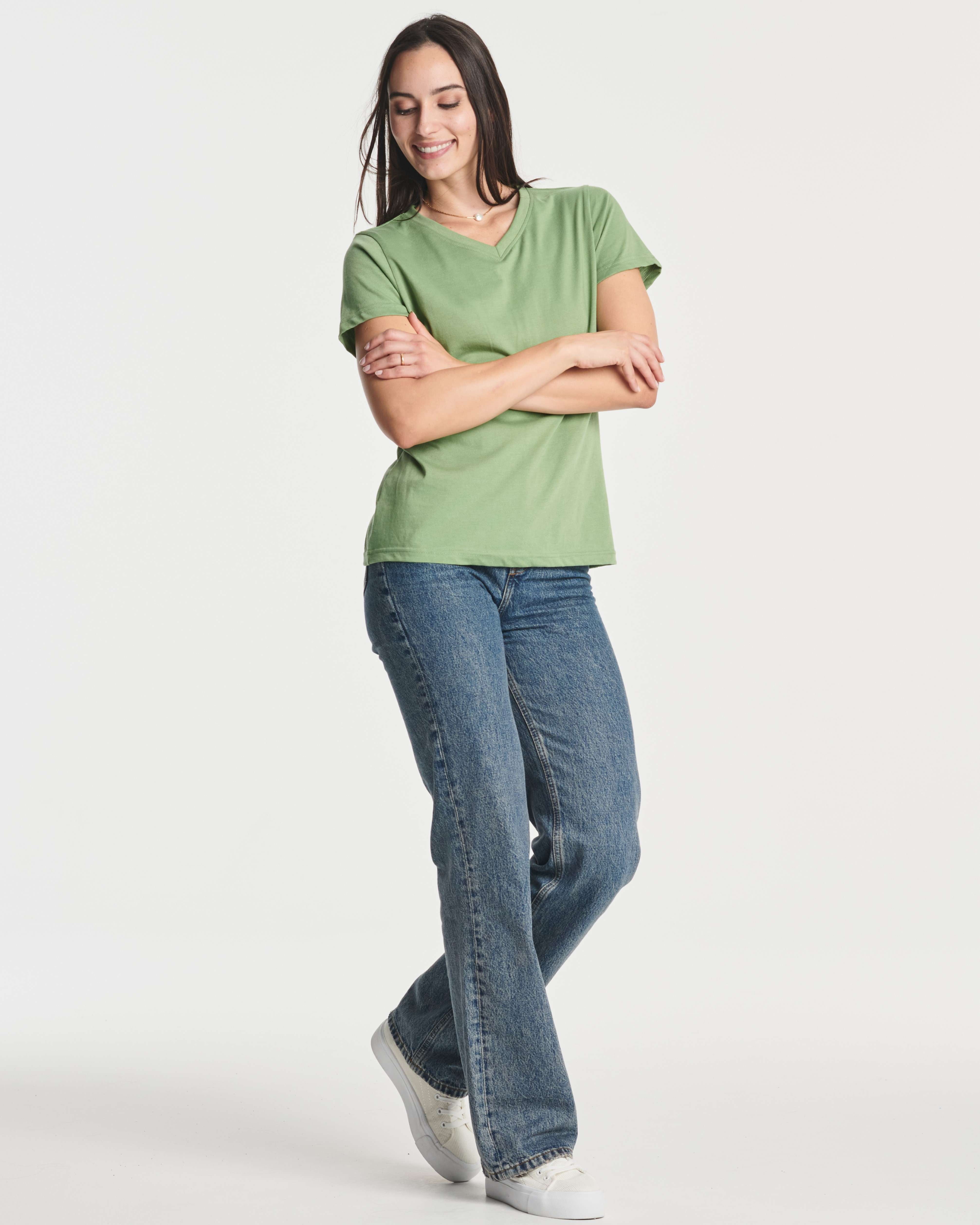 Real Essentials 4 Pack: Women's Classic-Fit Cotton Short-Sleeve V-Neck T-Shirt (Available in Plus Size)