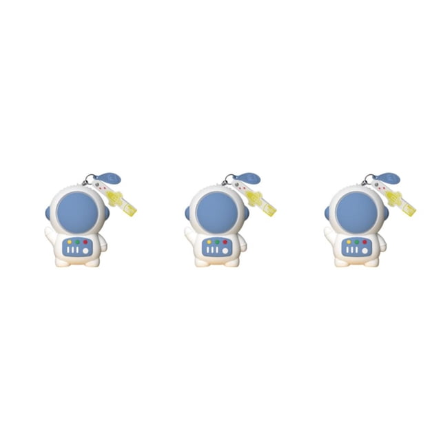 ventilador sin aspas advancent enfriador de aire mini type3 no3 ventilador sin aspas con forma de astronauta, vista frontal de tres unidades alineadas; carcasa plástica blanca con disco frontal azul, panel frontal con tres indicadores y botón, llavero en la parte superior, tamaño compacto aprox. 7.35 x 5.1 x 9.25 cm. A menudo usado como ventilador portátil para espacios pequeños.