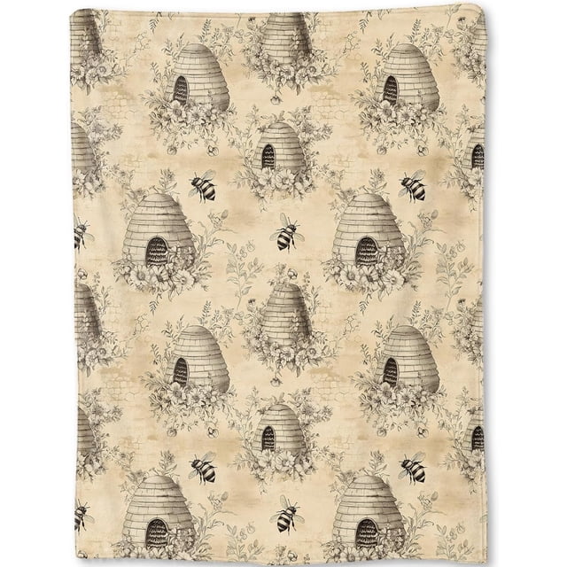 Couverture Vintage Bee - Jeté en Molleton Tons Sépia Rétro, Cadeaux pour Enfants Filles Femmes, Doux et Chaud, Léger, pour Décoration Rustique Moderne, Amateurs de Nature, et Accents de Maison de Chambre 60x80 Po