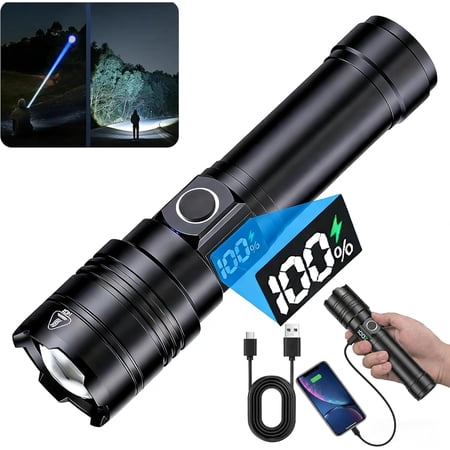 LCD Digital Display Rechargeable Flashlight, 5 Modes with USB Charge & Discharge, Waterproof Tactical Flash Light, Single Pack for Home Emergency, Camping & Hiking Security