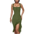 thumbnail image 2 of Jinhomg Women's Bodycon Dresses Sleeveless Ruched Midi Dress Fashion Square Neck Side Slit Tank Dress Ruffle Hem Club Party Dresses Army Green S, 2 of 4