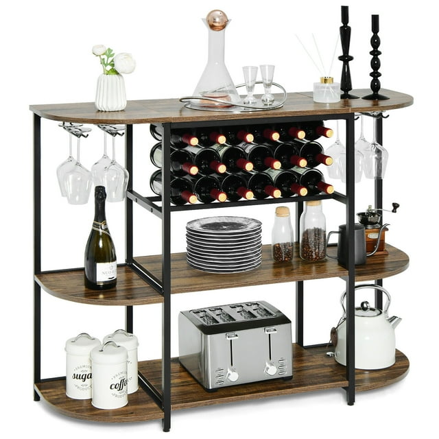 Gymax Wine Rack Table Coffee Bar Cabinet Freestanding Liquor Stand Glass Holder Rustic