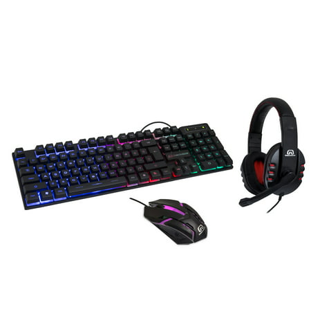RGB PC Gaming Keyboard, Wired Mouse & Headset Combo set - Spill Proof Keyboard - Stereo Gaming