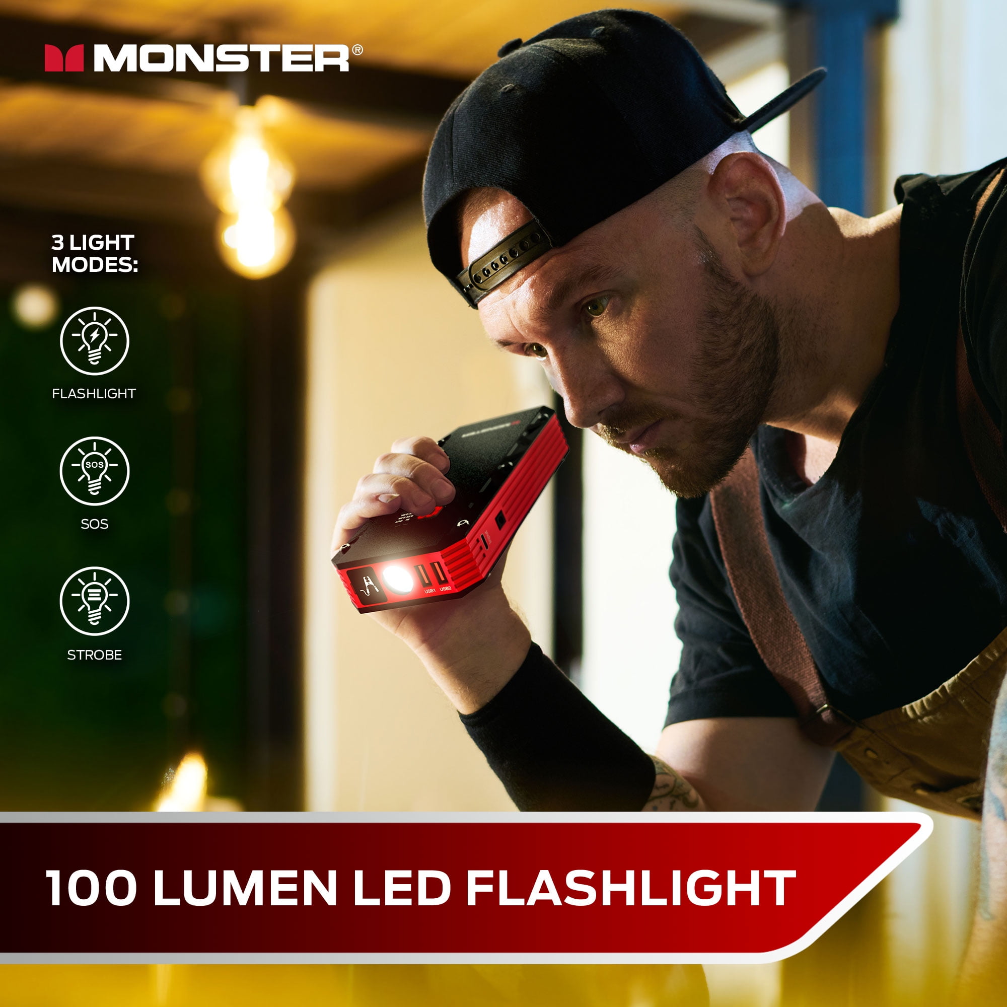 Monster 8000mAh Jump Starter Power Bank, 12V/600A, Sparkless Cables, Safety Protection, 100 Lumen Flashlight, 2 USB-A & USB-C