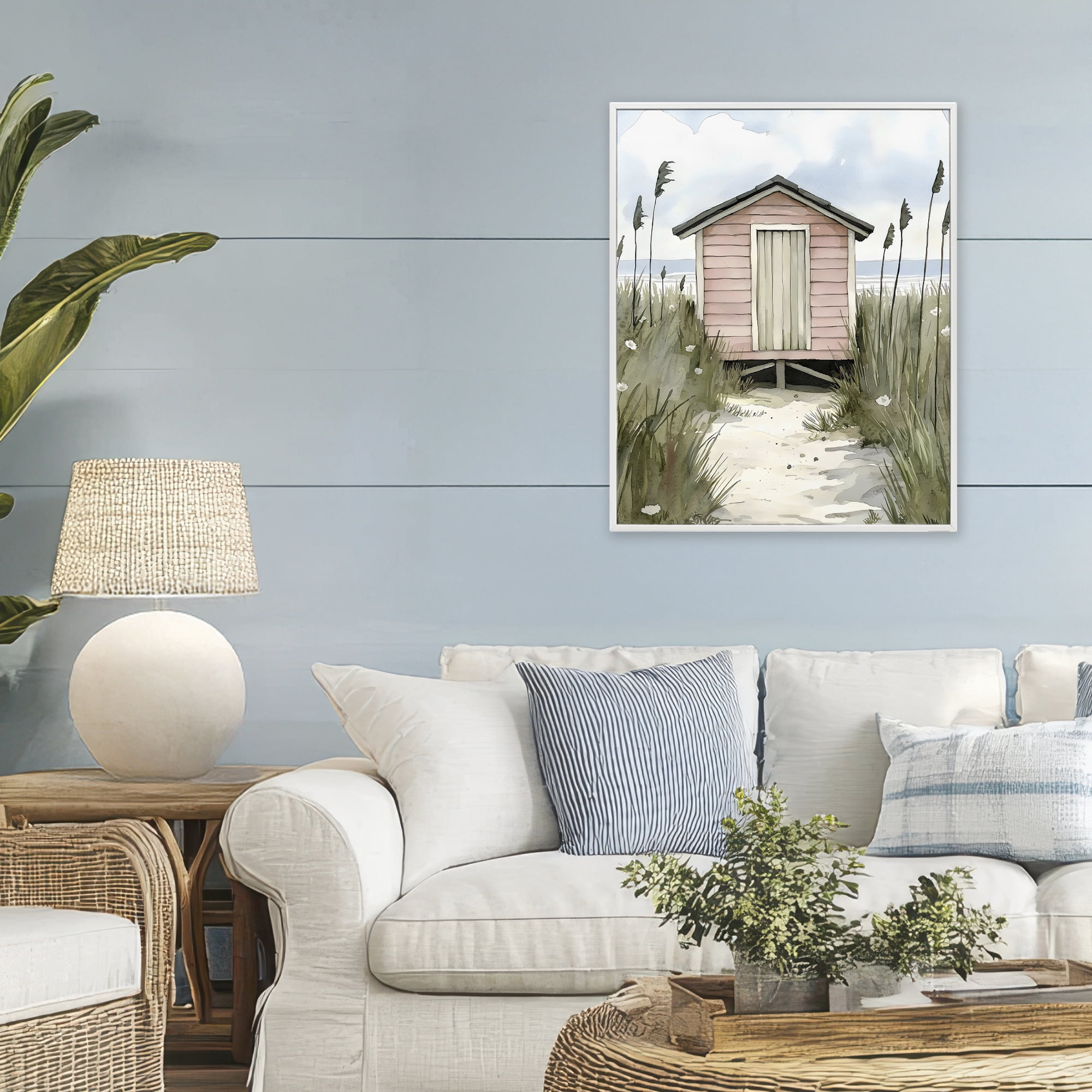 Stupell Industries Coastal Calm Pink Beach Hut White Framed Giclee Art, design by Riley B