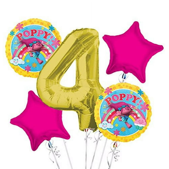 Trolls Balloon Bouquet 4th Birthday 5 pcs - Party Supplies