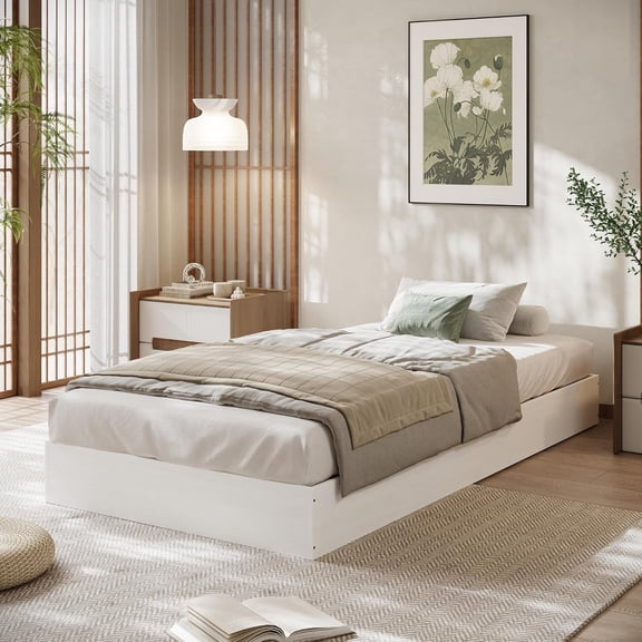 Twin-XL Size Wood Platform Bed Frame, Floor-Standing No-Gap Design, Modern Minimalist No Headboard Bed Frame, Wood Slat Support, No Box Spring Needed, Easy Assembly, White