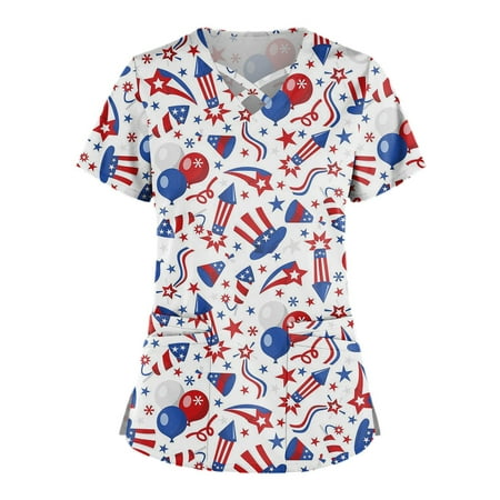 

Alrise USA Flag Tees Plus Size Cute Printed Scrub Working Uniform Tops For Women Cross V-Neck Short Sleeve Fun T-Shirts Workwear Tee With Pockets Red 5X-Large