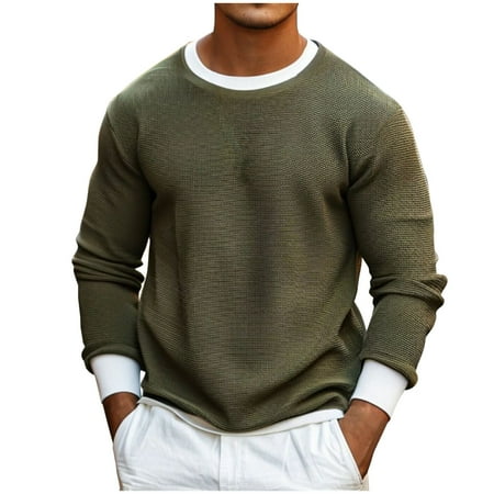 Xzbqbs Mens Knitted Waffle Shirts Long Sleeve Casual Crew Neck Ribbing Edge Pullover Fashion Classic Lightweight Color Block Shirts