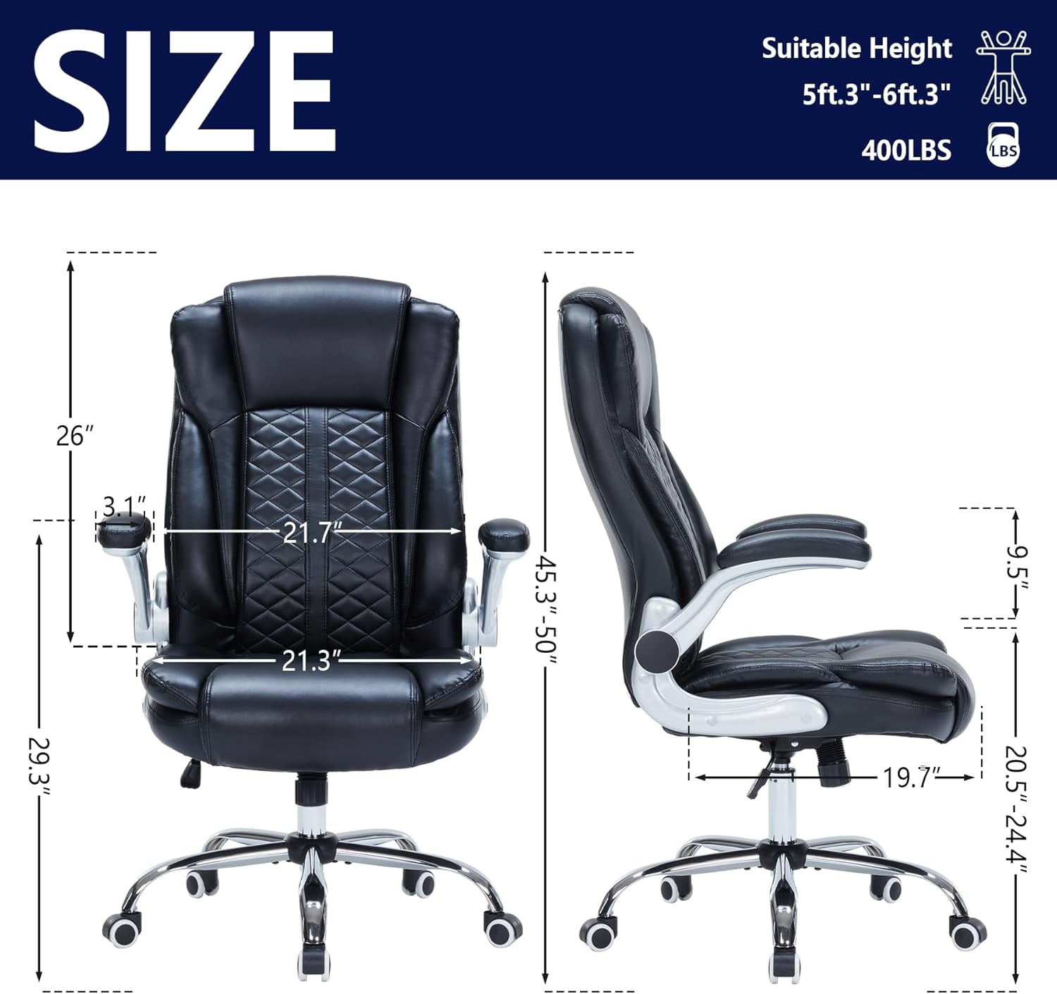 HESL Office Chair with Flip-Up Arms, Big and tall Office Chair with Rocking Mode, Desk Chair, Black