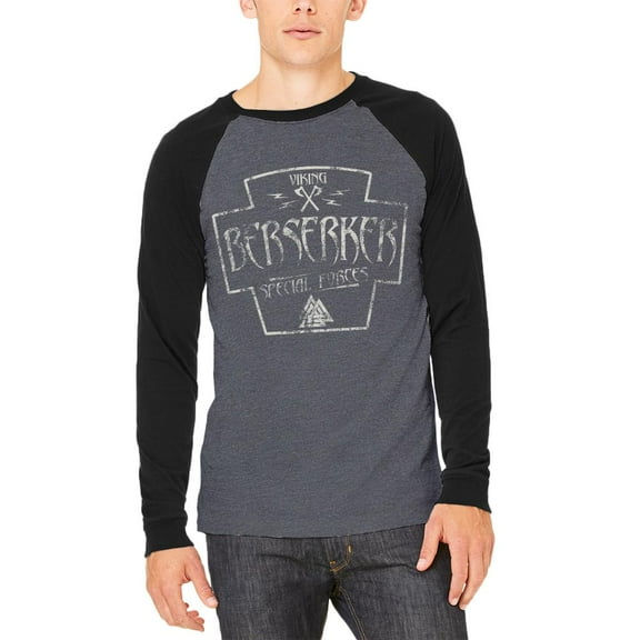 Berserker Viking Special Forces Retro Adult Long Sleeve Raglan T-Shirt Heather Black-Black LG