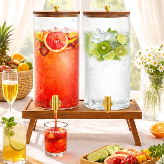2PCS Glass Drink Dispenser 1.5 Gallons, Large Glass Cold Beverage Dispensers with Foldable Stand and Spout for Parties Bars Home