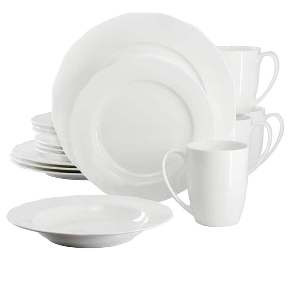 Eva 16-Piece Wavy Edge Bone China Dinnerware Set in White
