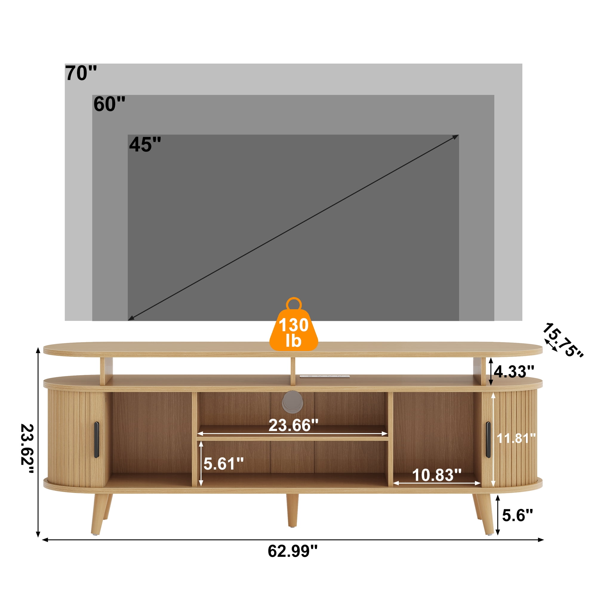 GUNAITO TV Stand for TVs up to 70", Wood TV Stand for Living Room with LED Lights , Entertainment Center with Storage and Shelves, Natural wood