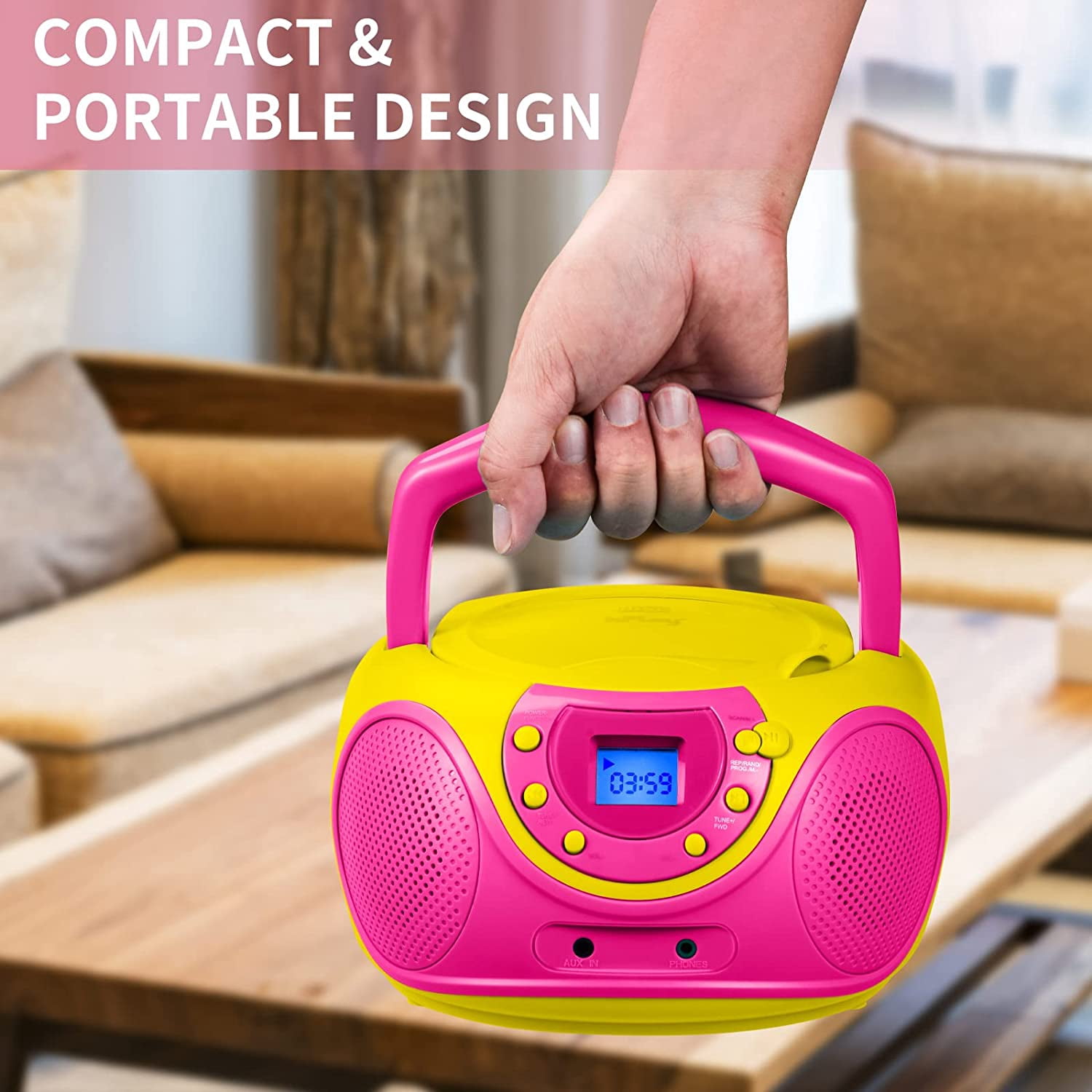 hPlay P16 Portable CD Player Boombox AM FM Digital Tuning Radio, Aux Line-in, Headphone Jack (Pink)