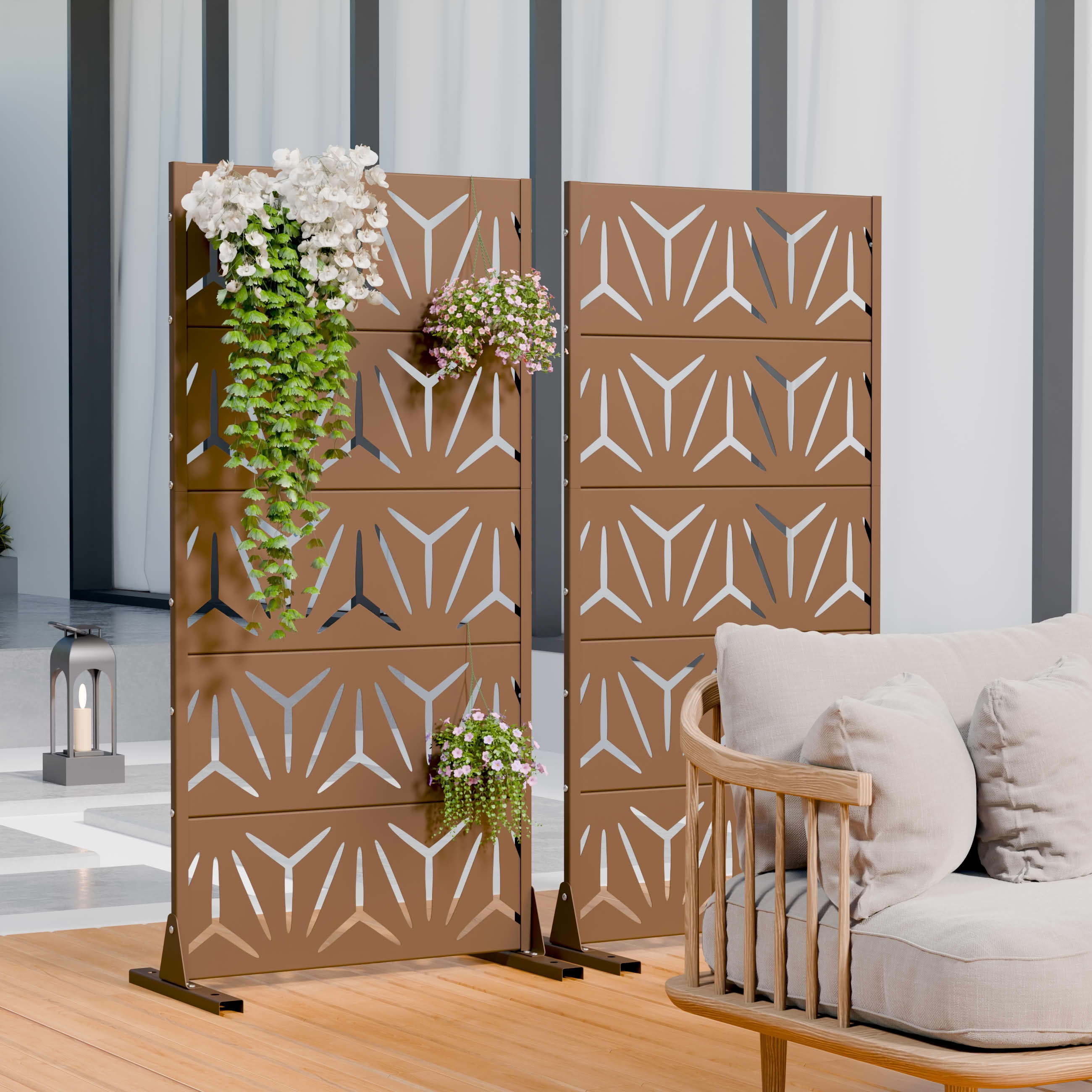 MAYEERTY 2-Piece Outdoor Metal Privacy Screen 5ft Brown, 5-Panel Geometric Y-Pattern Decorative Screen for Garden