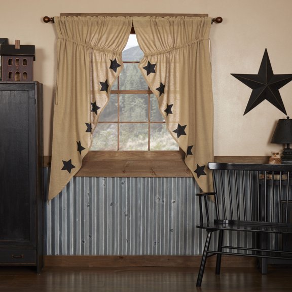 Cozy and Elegance - Primitive 63"x36"x18" Stars Prairie Panel Pair Tan Window Curtains