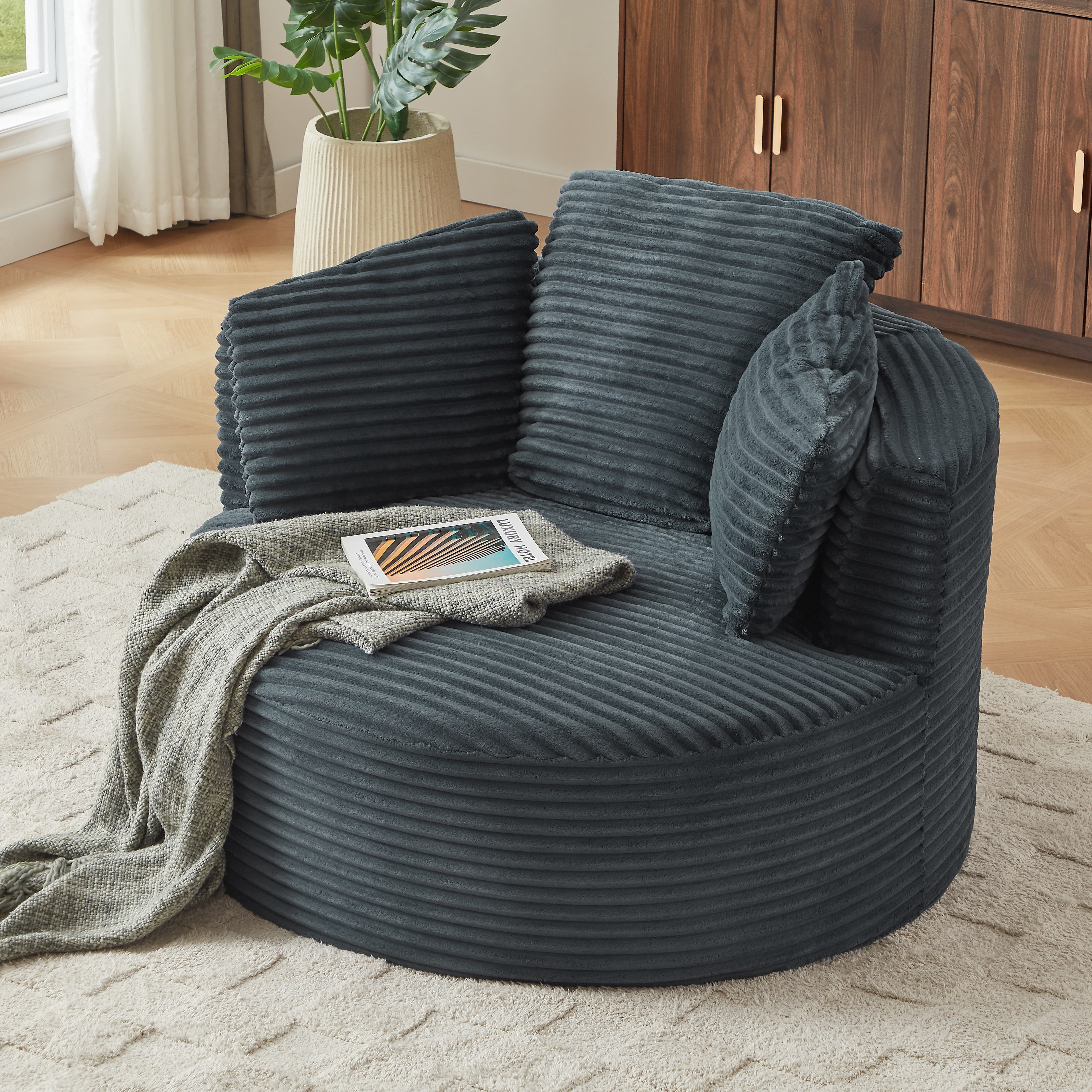 Aukfa Modern Corduroy Round Accent Chair, Compressible Chaise Lounge for Living Room & Bedroom, No Assembly,Dark Gray