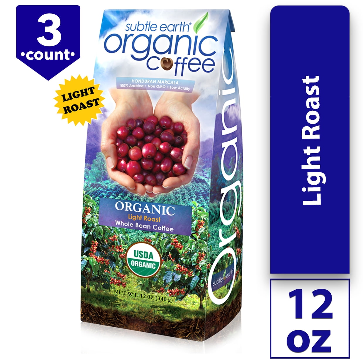 Subtle Earth Organic Whole Bean Coffee, Light Roast, 12 oz, 3 Pack