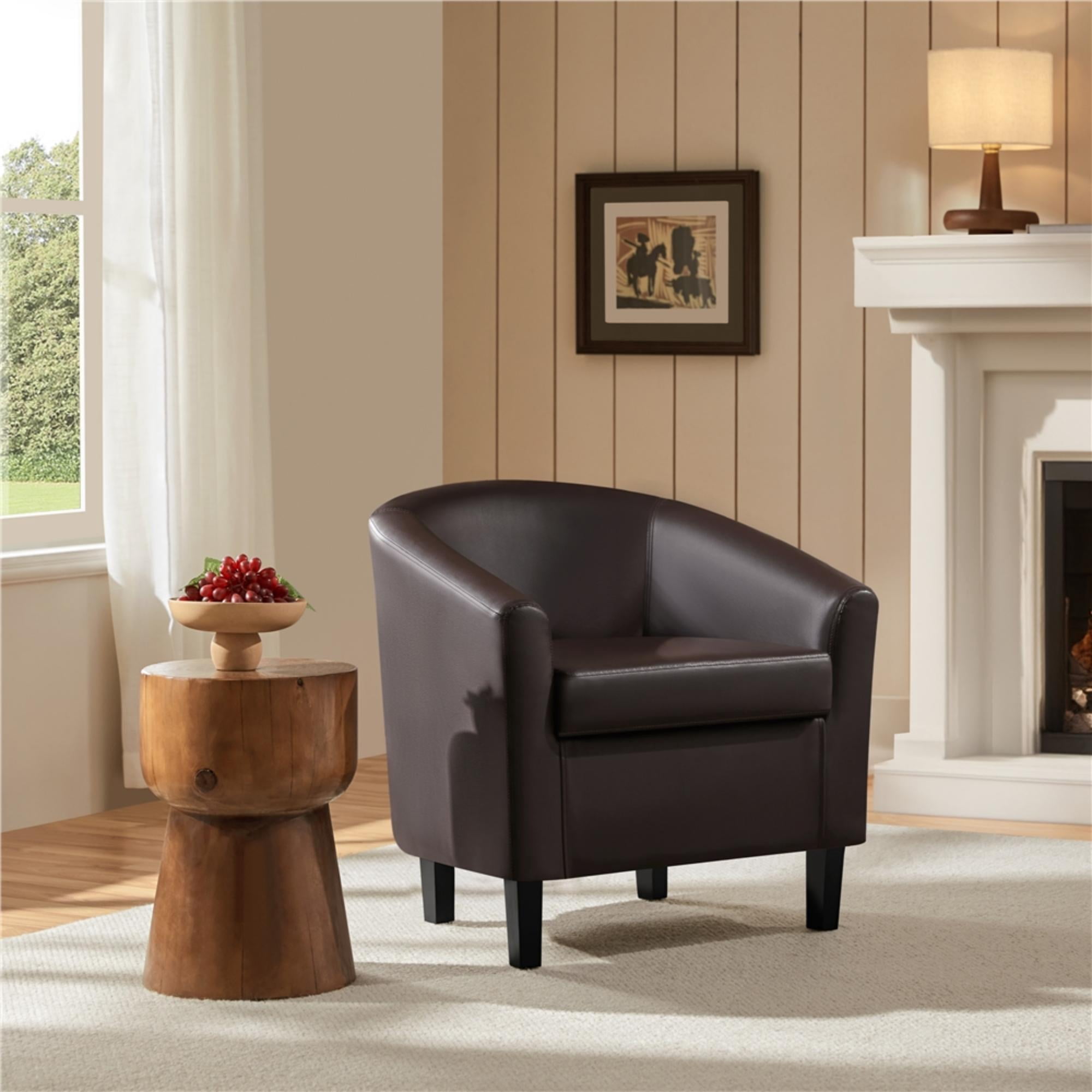 Renwick Faux Leather Barrel Accent Chair for Livingroom, Espresso