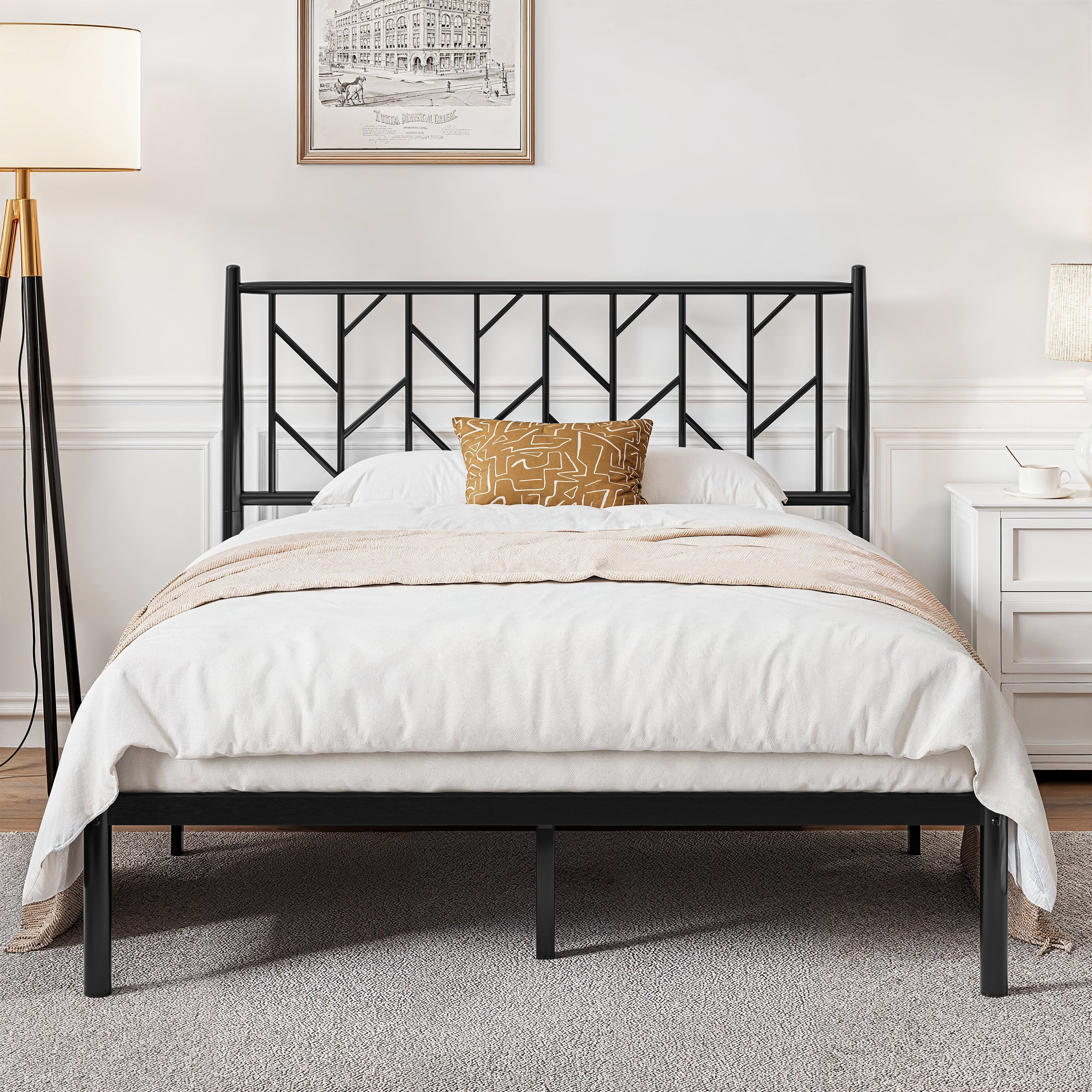 Sha Cerlin Black Full Size Metal Platform Bed Frame with Victorian Vintage Headboard & Underbed Storage, Adult