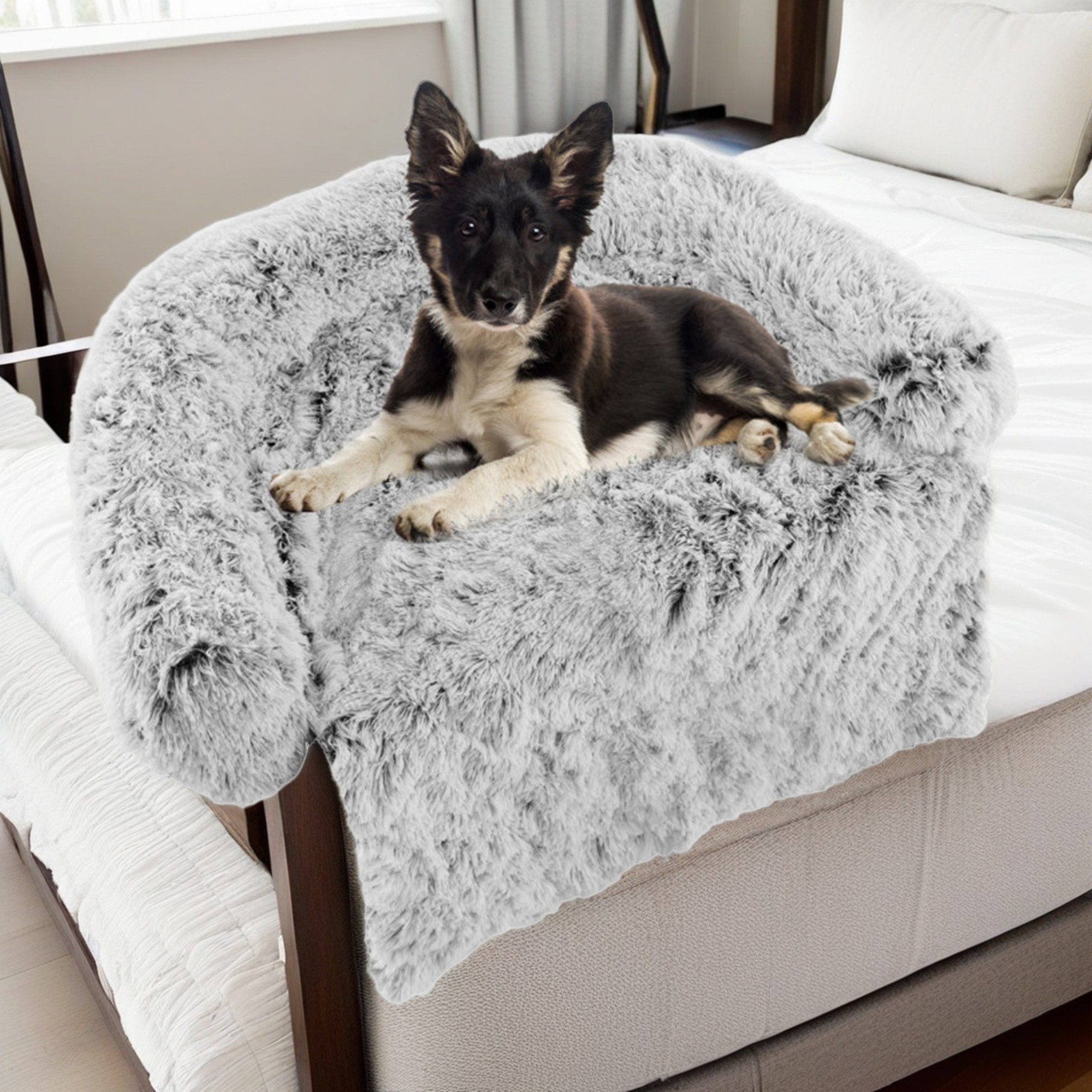 resenkos 44" Dog Bed for Couch, Calming Dog Beds for Large Dogs, Fluffy Plush Bed for Pets, Anti Anxiety Dog Bed with Removable Cover, Grey-M