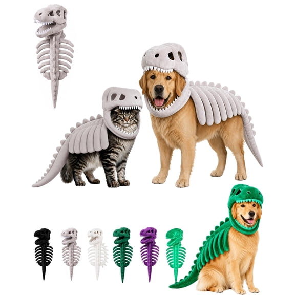 Pet Dinosaur Skeleton Costume, Soft Plush T Rex Halloween Outfit, 3D Dinosaur Bone Hood Outfits for Small Medium Large Dogs Cats Cosplay Party