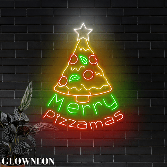 Glowneon Pizza Christmas Tree Neon Sign, Pizza Restaurants Xmas Decor