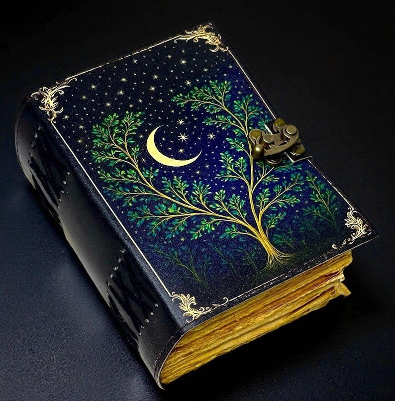 Handmade Leather Moon & Tree Journal, 5x7” Vintage Notebook with 200 Handmade Pages & Antique Clasp – Celestial Writing Diary