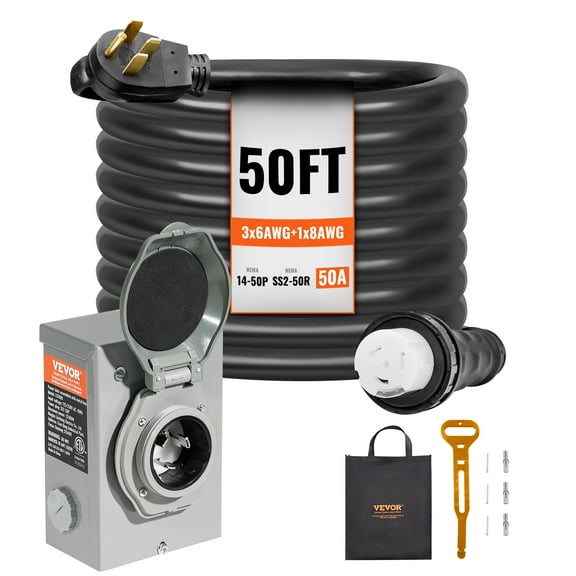 VEVOR 50A Generator Cord and Power Inlet Box Kit, 50FT, NEMA 14-50P/SS2-50R STW 6/3 8/1 AWG Generator Power Cord with Twist Lock Connector, Pre-Drilled Inlet Box for Generator to House, ETL Listed