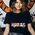 thumbnail image 3 of Cute Nurse Halloween Shirt with Skull Pumpkin Web Design, Heliconia, Size M, 3 of 6