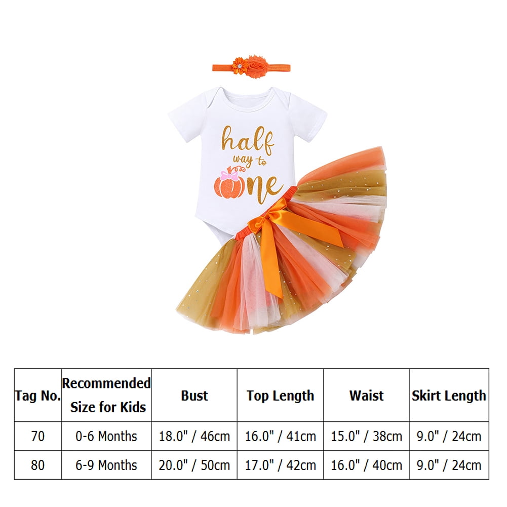 IBTOM CASTLE Toddler Baby Girls Pumpkin 1st Birthday Outfit Halloween Princess Romper + Tutu Skirt + Headband Clothes Set for Cake Smash Photo Shoot 6-9 Months Pumpkin Half Way to One