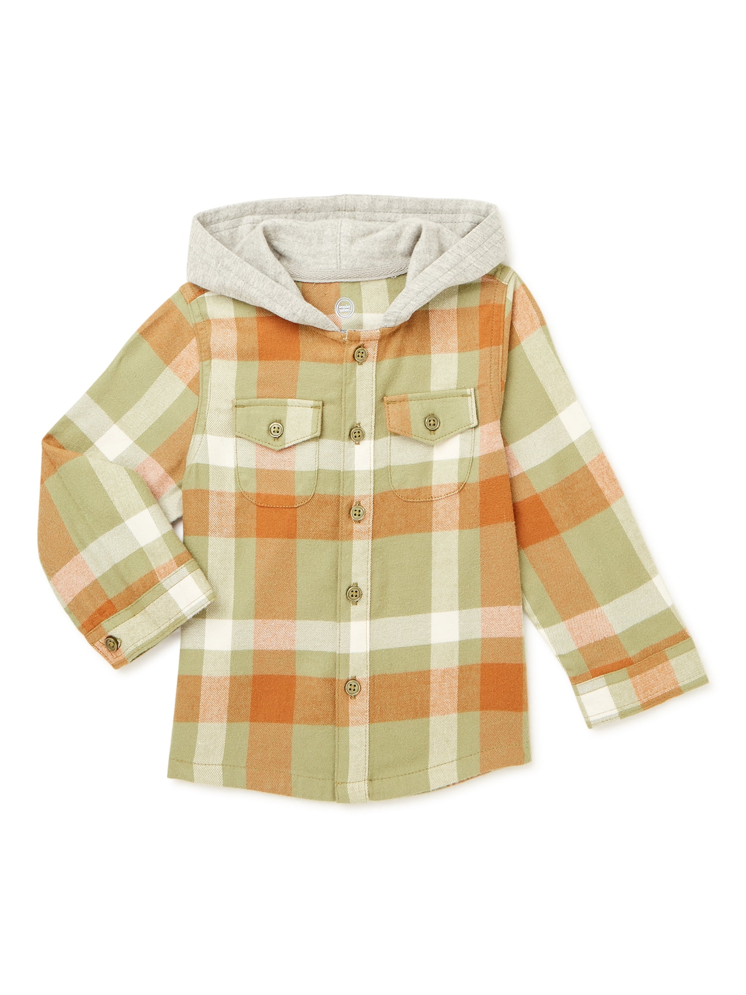 Wonder Nation Baby and Toddler Boy Hooded Flannel Shirt, Sizes 12M5T
