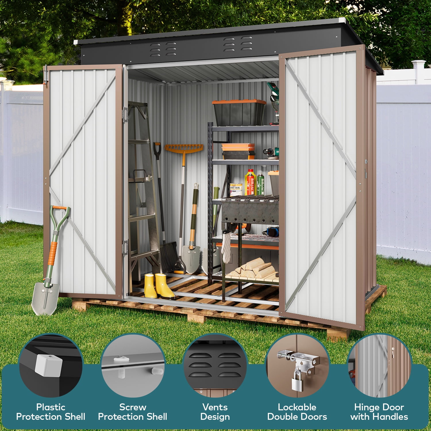 Lofka 6x4 FT Outdoor Storage Shed , Metal Garden Sheds & Outdoor Storage with Lockable Door for Backyard, Patio, Lawn, Brown