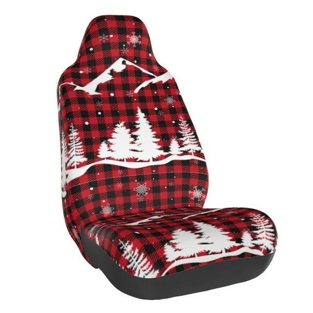 Wukai Christmas Tree Buffalo Plaid Full Set Car Seat Covers with Soft Padding Universal Auto Front Seats Protector and Cushion Mat