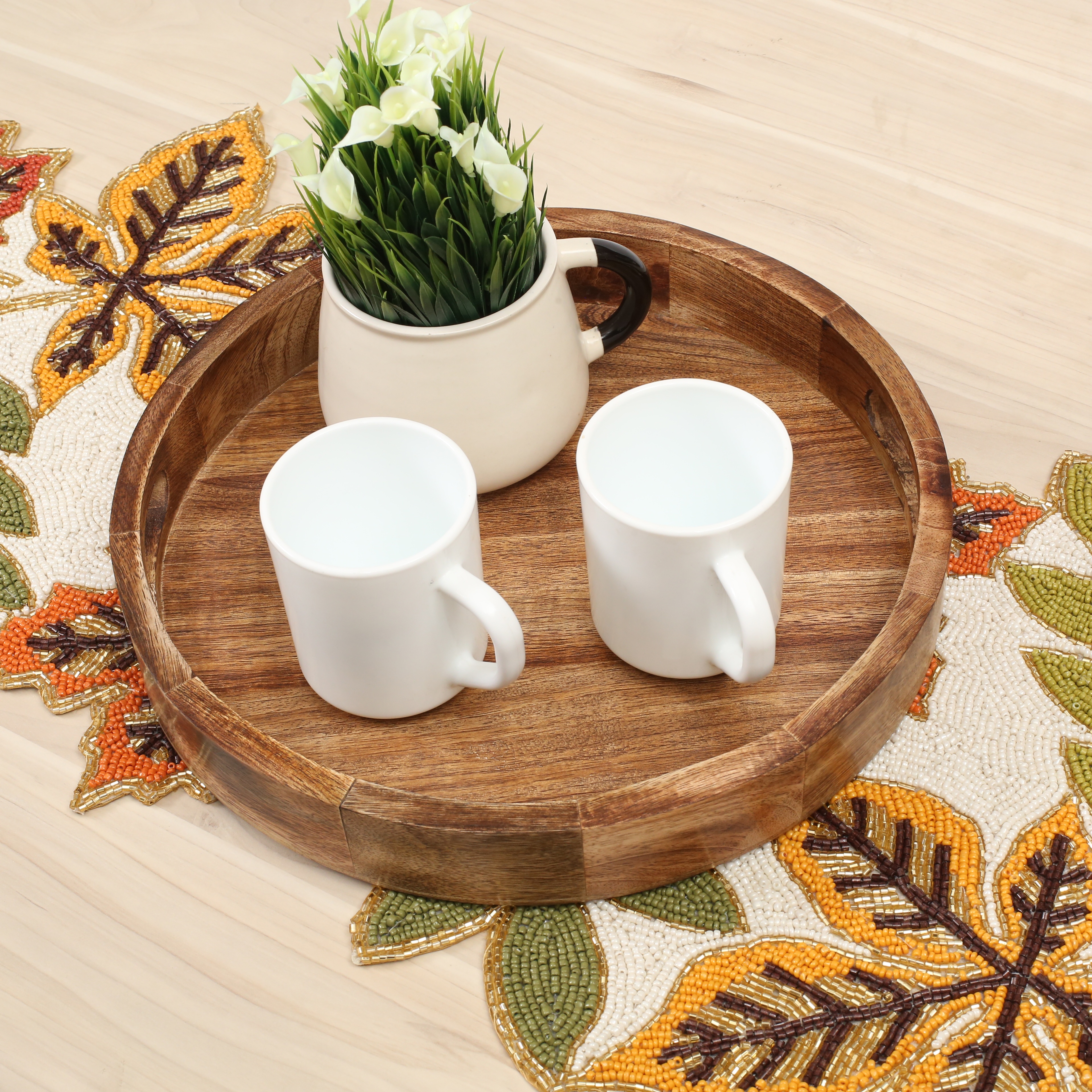 Bedding Craft Natural Burnt Round Wooden Serving Tray Set – Rustic Countertop Fruit Basket Organizer – Natural Wood Decorative Storage, Set of 2, 12x12x1.5 Inch