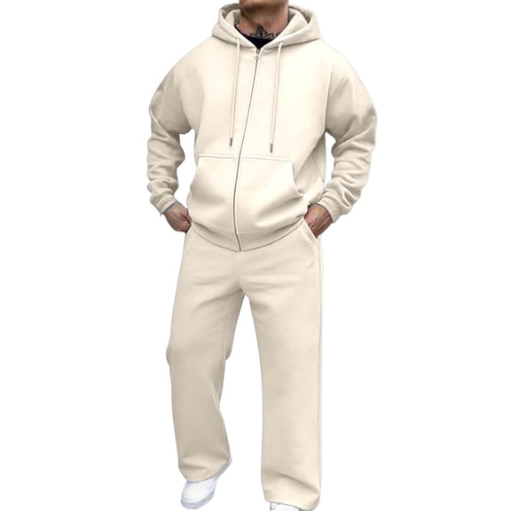 CONZONE Mens Sweatsuit 2 Peice Set Casual Track Suit for Men Solid Color Long Sleeve Zip Hoodies Sweatpants Cozy Fall Winter Athletic Jogging Outfits