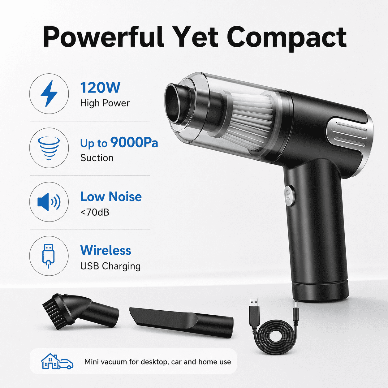 Alvantor Cordless Car Vacuum Cleaner, 9000Pa USB Rechargeable Handheld Mini Vacuum, Silver