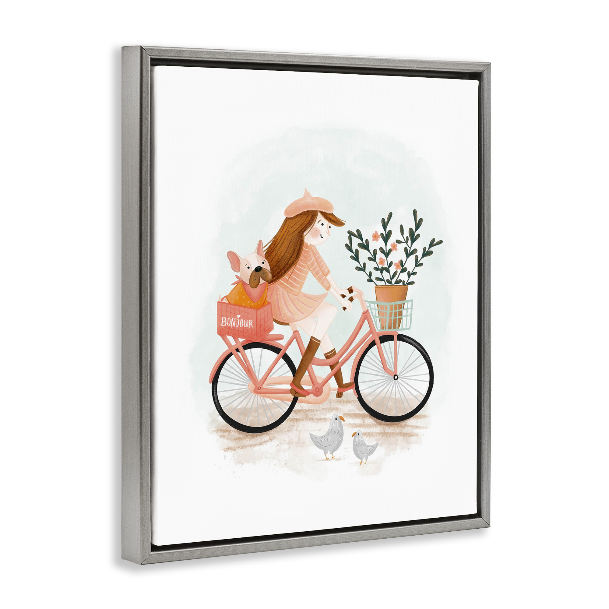 Stupell Industries Paris Girl on Bike Novelty Painting Gray Floater Framed Art Print Wall Art, 17 x 21