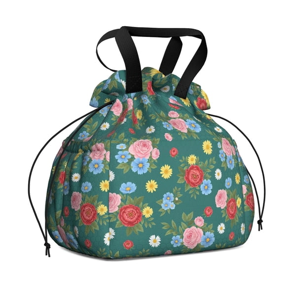 Pioneer Flower Floral Print Pattern Drawstring Lunch Bag Women - Drawstring Lunch Bag Insulated for Work Office - Stain-Resistant Large Lunchbags for Women with Multi-Pockets